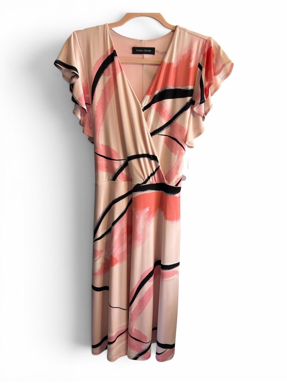 NWT Ivanka Trump Pink Abstract Brushstroke Flutter Sleeve Wrap Midi Dress S